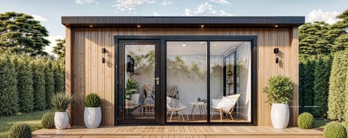 Image of a modern weatherboard granny flat with a large glass frontage  